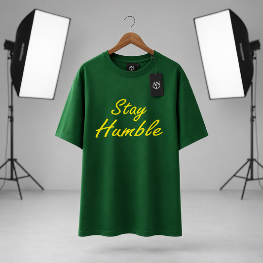 AN Stay Humble Premium Oversized Green T-Shirt – Cotton Crew Neck for Men